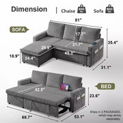 Sofá cama Dyonery 81, sofá seccional en forma de L, sofá extraíble con respaldo reclinable, puertos USB