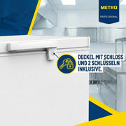 METRO Professional Arcón congelador GHF2500, 500 L, 125 W, congelador horizontal, 2 cestas de almacenamiento, cerradura de puerta, alarma de temperatura, ruedas, blanco