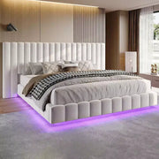 Cama de plataforma tapizada AMERLIFE con luces LED, diseño flotante, soporte de listones sólidos