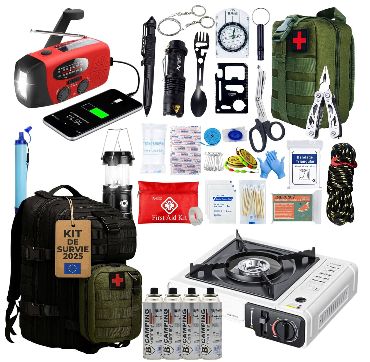 Kit de supervivencia completo UE 2025, mochila de supervivencia de 72 horas con hornillo de camping portátil, kit de supervivencia para desastres, kit táctico con