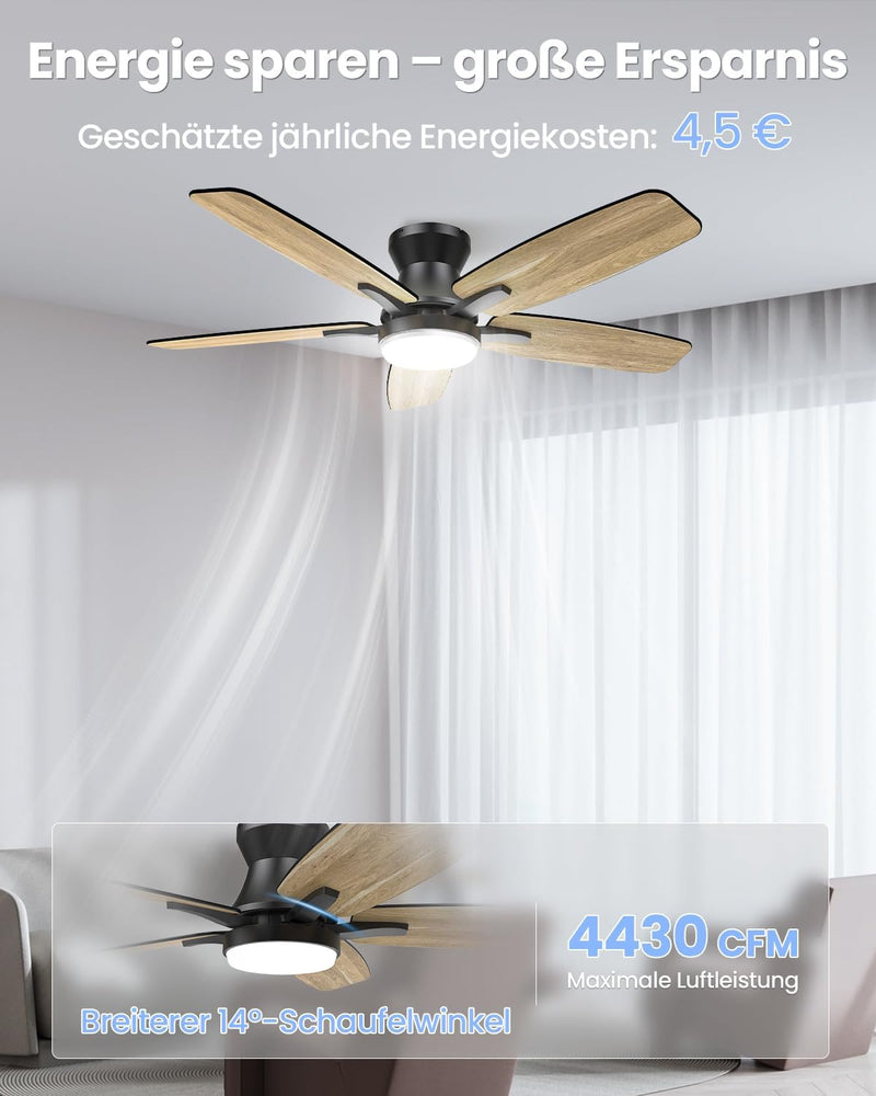 Ventilador de techo Airwit de 106 cm con iluminación y mando a distancia, ventilador de techo con luz, motor CC silencioso de 20 dB, LED de 18 W regulable, temporizador, aspas reversibles, para dormitorio y salón