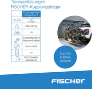 Portabicicletas de enganche Fischer ProlineEvo 2, para 2 bicicletas hasta 60 kg de carga útil, apto para bicicletas eléctricas, premontado, bloqueable, plegable