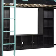 Litera tipo loft en forma de L para juegos con escritorios, litera doble con luces LED, puertos USB, estanterías de almacenamiento, cama alta esquinera de madera para 2 personas