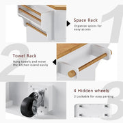 Isla de cocina extensible con alas abatibles, carrito de cocina sobre 4 ruedas con toma de corriente, mesa isla móvil con 2 puertas y 6 cajones
