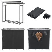 casa.pro Leñero Cubierto con Funda Protectora Soporte para Leña Estante de Almacenamiento para Exterior Acero Galvanizado Lacado Poliéster Metal Negro