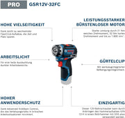 Taladro atornillador a batería Bosch PRO 12V System GSR12V-32FC (incluye 2,0 Ah, GAL 12V-20, GFA 12-M, GFA 12-H, empuñadura adicional, tope de profundidad, L-BOXX)