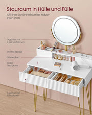 Tocador VASAGLE con taburete e iluminación, regleta de enchufes, espejo, mesa de maquillaje, 40 x 80 x 134,8 cm, mesa de cosmética con cajones, taburete acolchado, blanco mate-oro pálido RVT019W01