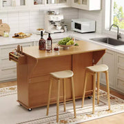 Isla móvil de 55 pulgadas con toma de corriente y mesa plegable, carrito de isla de cocina con ruedas y gabinete para almacenamiento de basura para cocina
