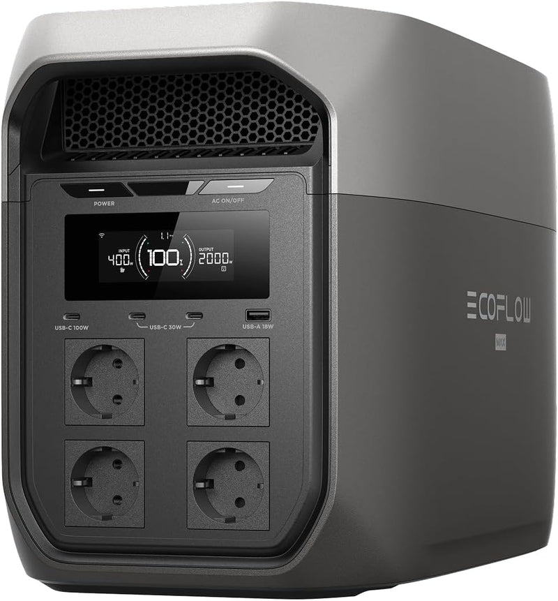 Estación de energía portátil ECOFLOW Delta 3 Max de 2 048 Wh, salida X-Boost de 2 400 W, carga de 0 a 80% en solo 51 minutos, batería LiFePO4, generador solar para el hogar, cortes de luz, autocaravana, actividades al aire libre