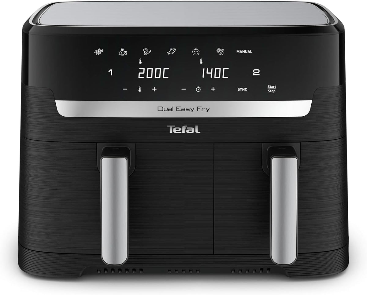 Freidora de aire Tefal Dual Easy Fry 8,3 L – Airfryer con 2 compartimentos y cajón XL, 7 programas, 2700 W, tecnología Extra-Crisp, cocción baja en grasa y ahorro de energía, apta para lavavajillas EY9018