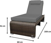 Tumbona de jardín RS Trade resistente a la intemperie de ratán, extra alta y extra ancha, también para personas mayores – XXL hasta 200 kg – con ruedas, tumbona de exterior con respaldo ajustable, marrón con cojín gris