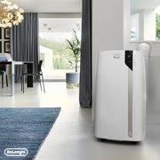 De'Longhi Pinguino PAC EM82, aire acondicionado portátil para habitaciones de hasta 80 m³, 9.400 BTU, 2,4 kW, 63 dB, función de deshumidificación, clase energética A, temporizador 24 h, blanco