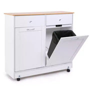 Mueble de basura con doble compartimento basculante EROMMY con 2 cajones, mueble de basura con almacenamiento sobre ruedas, blanco