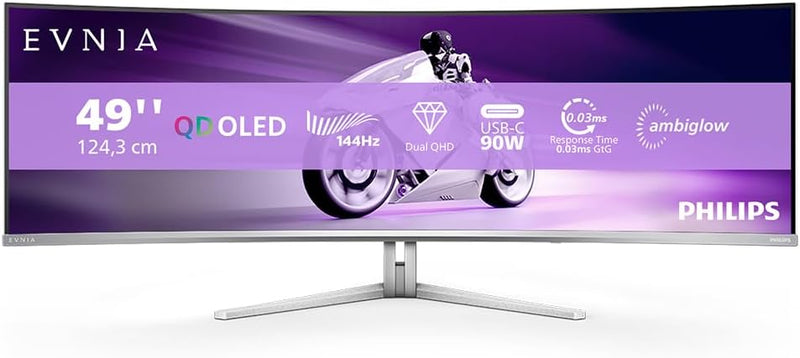 Philips Evnia 49M2C8900L - Monitor Gaming curvo DQHD OLED de 49 pulgadas, 144 hercios, 0,03 ms GtG, HDR400, Ambiglow, FreeSync Prem. Pro (5120 x 1440, HDMI 2.1, DisplayPort 1.4, USB-C, concentrador USB) Blanco