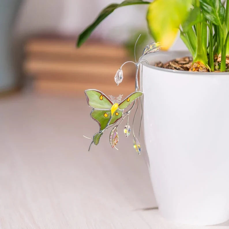 Estaca para plantas de cristal con forma de polilla Luna hecha a mano, atrapasueños, decoración de jardín, 4x6 pulgadas