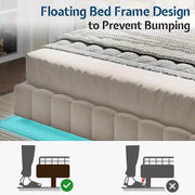 Cama de plataforma tapizada AMERLIFE con luces LED, diseño flotante, soporte de listones sólidos
