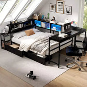 Cama esquinera moderna Curme de GDFStudio con estantería y 2 cajones de almacenamiento debajo de la cama