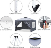 Pabellón plegable pop-up de 3x3 m, impermeable y resistente al invierno, altura ajustable, sistema de ventilación, estructura de acero, protección UV 50+, con 4 paredes laterales y 4 sacos de arena, para jardín, camping, fiesta (Antracita)