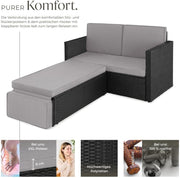Set de sofá tectake® - Sofá de 2 plazas con taburete y función de cama, pequeño sofá de ratán como mueble de jardín exterior, resistente a la intemperie para salón, balcón y jardín, plegable con cojines impermeables - Negro