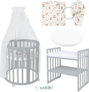Cuna ovalada evolutiva Waldin, set completo 7 en 1, cuna de barrotes, cama infantil con colchón, cambiador, cuna colecho, madera blanca