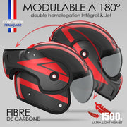 Casco ROOF Boxxer Carbon con doble homologación Jet/Integral - Color Dart Rojo - Casco de gama alta en fibra de carbono - Ultraligero - Apertura con una sola mano - Oferta directa de fábrica - Garantía de 4 años