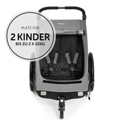 hauck Remolque de bicicleta y cochecito Dryk Duo Plus con suspensión, para 2 niños (6-48 meses), incluye barra de tiro, rueda de cochecito, bandera y luz LED, plegable, altura ajustable, maletero XL (verde oscuro)