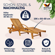 Tumbona plegable Casaria® resistente a la intemperie, de madera, capacidad de carga de 160 kg, con 2 ruedas, mesa auxiliar, respaldo y reposapiés ajustables, 196 cm