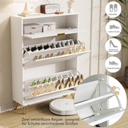 Zapatero blanco con diseño ondulado, zapatero estrecho con 2 puertas abatibles y 1 estante, 80x24x118,5 cm, armario de recibidor moderno con patas de metal dorado, estantería para zapatos que ahorra espacio para pasillo y entrada