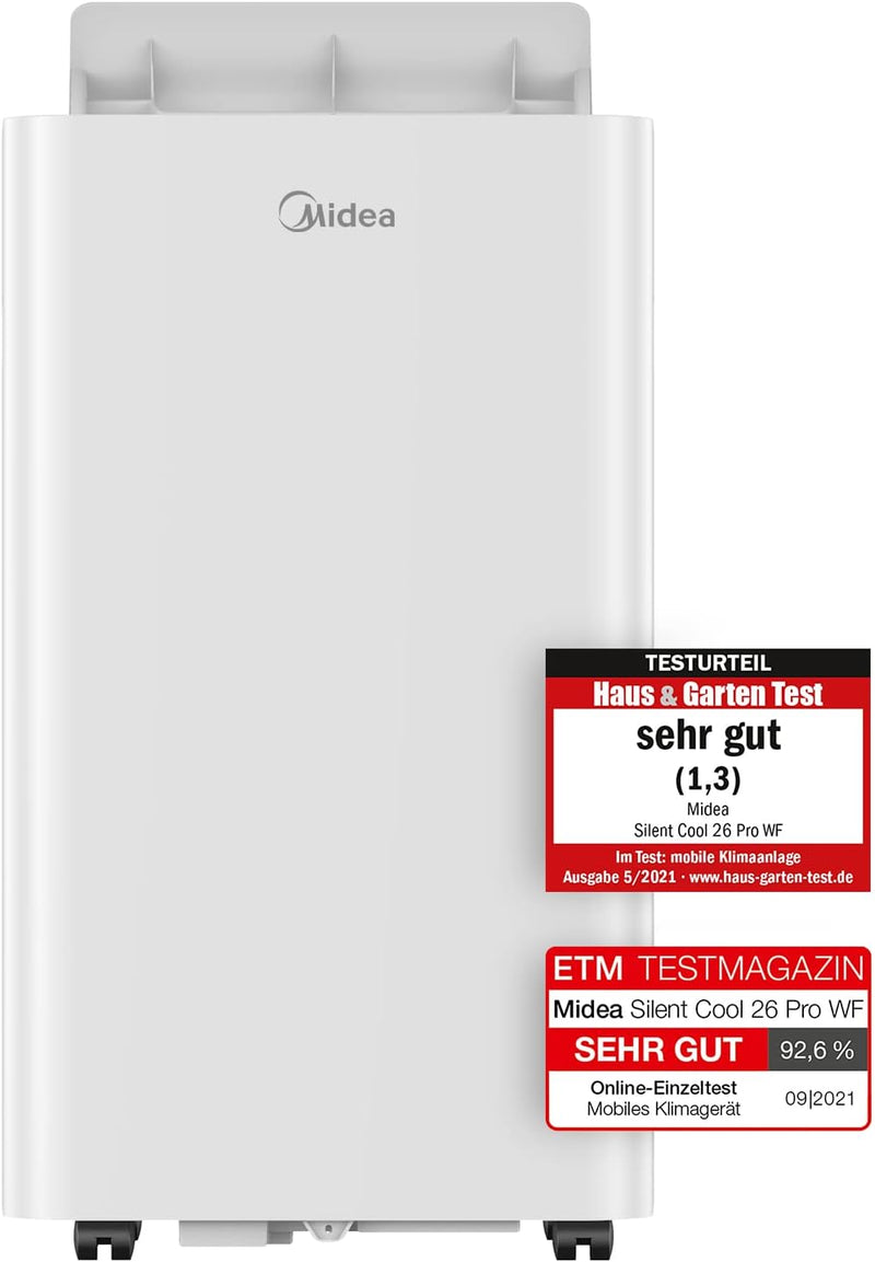 Aire acondicionado portátil Midea Silent Cool 26 Pro WF, 9000 BTU 2,6 kW, refrigeración, ventilación y deshumidificación, tamaño de habitación hasta 88 m³ (33 m²), control por APP/Alexa/Google Home/IFTTT, aire acondicionado móvil con tubo de escape