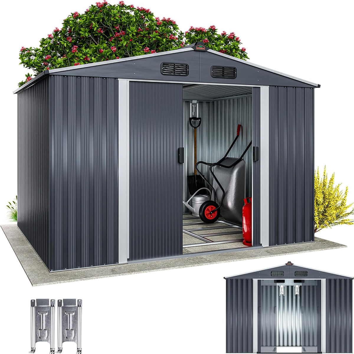 GARDEBRUK Cobertizo de jardín de metal XXL 5m² con cimientos 260x205x180cm, puerta corredera, antracita-metálico, caseta de jardín, cobertizo de jardín 9m³