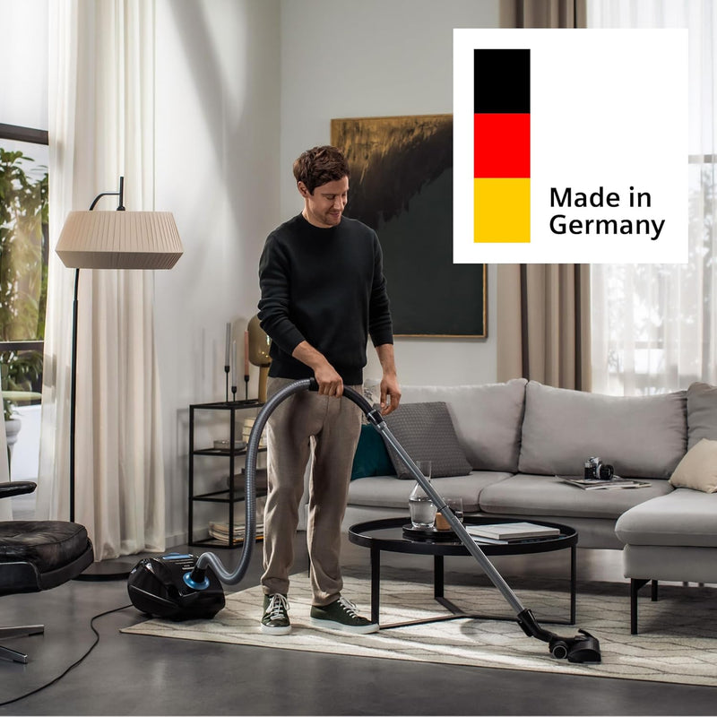 Aspiradora con bolsa Siemens Q5.0 Extreme silencePower VSQ5X1232, para alérgicos, filtro higiénico, gran potencia de succión en parqué, alfombras y baldosas, cable largo, fabricada en Alemania, 850 W, negra