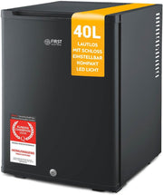 TZS First Austria - Mininevera 40L silenciosa y con cerradura - Mininevera pequeña, sentido de apertura de puerta reversible e iluminación interior - Minibar para camping, oficina, dormitorio y hotel - Negro mate