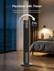 Ventilador de torre inteligente Midea FZ10-26ARDW silencioso con mando a distancia, 19 dB ultrasilencioso, motor CC, 4 modos y 12 niveles, temporizador de 24 h, control por aplicación para dormitorio, salón y oficina, negro, 105 cm