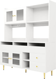 Armario de cocina con espacio de almacenamiento, aparador cómoda con cajones y puerta de cristal, armario alto de 145x39x171 cm con encimera, mueble buffet para cocina, mueble de salón, aparador vitrina (blanco)