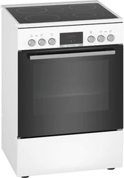 Cocina eléctrica de libre instalación Bosch Serie 4 HKR39C250, 60 cm de ancho, asistente de limpieza EcoClean Direct, aire caliente 3D para hornear en 3 niveles, control por pantalla LED, zona de cocción ampliable para recipientes grandes