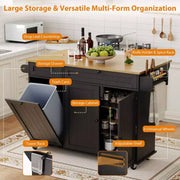 Isla móvil de 55 pulgadas con toma de corriente y mesa plegable, carrito de isla de cocina con ruedas y gabinete para almacenamiento de basura para cocina