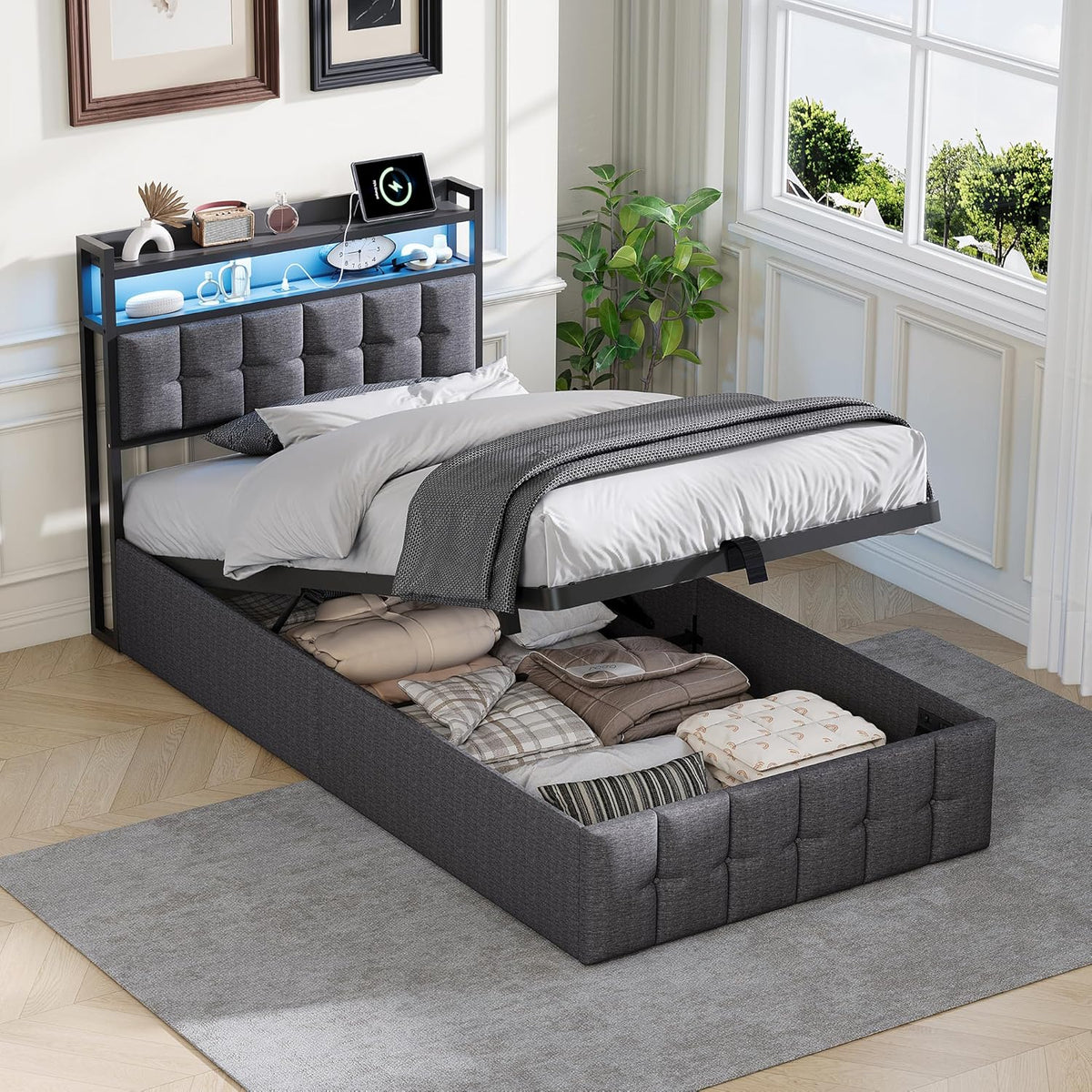 Marco de cama 90x200, cama boxspring con LED, cama individual con almacenamiento, cama tapizada hidráulica con almacenamiento, cama funcional, cama juvenil con USB, cama tapizada para 1 persona (gris + lino)