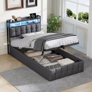 Marco de cama 90x200, cama boxspring con LED, cama individual con almacenamiento, cama tapizada hidráulica con almacenamiento, cama funcional, cama juvenil con USB, cama tapizada para 1 persona (gris + lino)