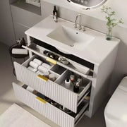 Conjunto de tocador de baño moderno estriado con lavabo de cerámica integrado, mueble de baño independiente con 3 cajones para baño contemporáneo
