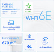Sistema WiFi 6E Mesh TP-Link Deco AXE5400Mbps Deco XE75 (paquete de 3), router y repetidor tribanda, cobertura de hasta 670 m², WPA3, ideal para casas grandes, compatible con Amazon Alexa, 9 puertos Gigabit