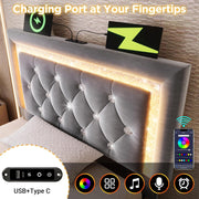 Cama tapizada individual 90x200cm con cabecero LED, estación de carga USB y tipo C, canapé hidráulico con espacio de almacenamiento, cama juvenil moderna con somier, terciopelo (gris, 90x2 00cm)