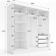 A&J MöbelLand Armario de puertas correderas Nero, armario de 2 puertas con cajones y espejo, ropero de 200 cm (blanco)