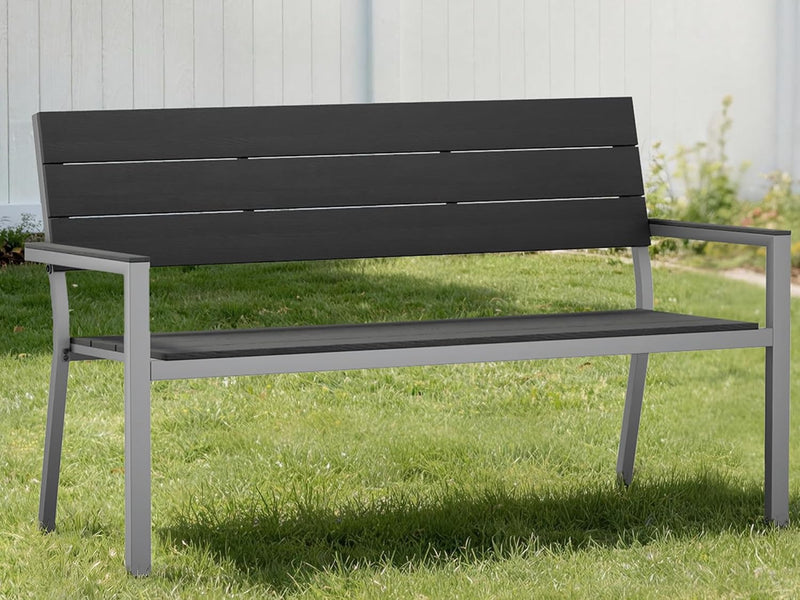 UDPATIO Banco de jardín resistente a la intemperie con aspecto de madera, banco de metal para exteriores para balcón y jardín, banco de parque de 2 a 3 plazas, banco de balcón estable con respaldo y reposabrazos, gris claro