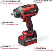Atornillador de impacto inalámbrico profesional Einhell IMPAXXO 18/450 (1x4,0Ah) Power X-Change (18 V, 450 Nm, sin escobillas, inserción de cuadradillo exterior, incl. batería de 4 Ah, cargador, juego de vasos)