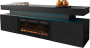 Mueble de TV Mirjan24 Serkuzo EF 2D con chimenea eléctrica, práctico mueble para televisión, soporte de TV con apertura sin tiradores, llama LED realista (negro/negro de alto brillo)