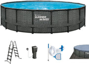 Set de piscina de estructura Summer Waves | Redonda 549x132 cm aspecto ratán gris | Juego de piscina desmontable | Piscina de jardín y alberca incl. bomba de filtrado, tapiz de suelo, cubierta y escalera de acceso