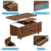 Mesa de centro elevable moderna multifuncional Zeus & Ruta con almacenamiento oculto, 4 taburetes y ruedas, perfecta para espacios modernos