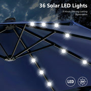 Sombrilla de mercado para exteriores de doble cara MAISON ARTS de 15 pies, rectangular, con manivela, luces LED solares y base incluida