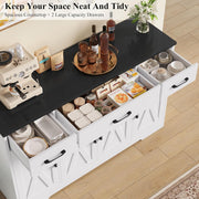 Aparador HOCSOK, armario de cocina de 140 cm de ancho con 2 estantes ajustables, aparador con 3 cajones y 4 puertas, buffet de cocina para salón, cocina, pasillo, blanco y negro