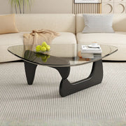 Mesa de centro triangular de madera con cubierta de cristal